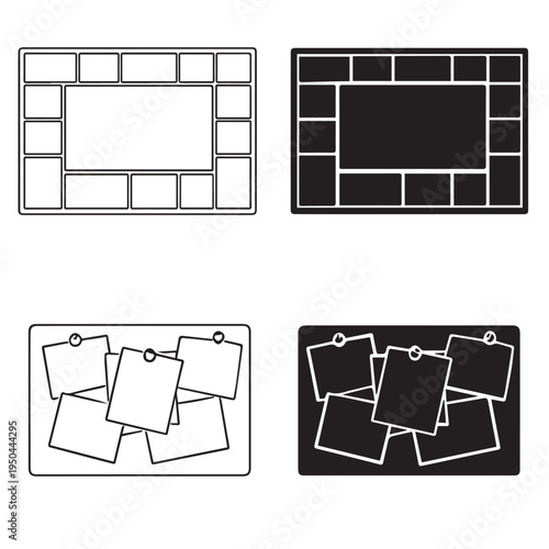 Photo collage and bulletin board icons in outlined and filled black styles