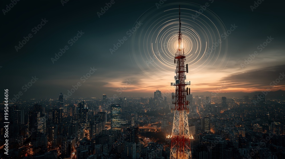 Obraz premium A towering communication antenna emits wireless signals over a cityscape at dusk, highlighting urban connectivity and advanced technology.