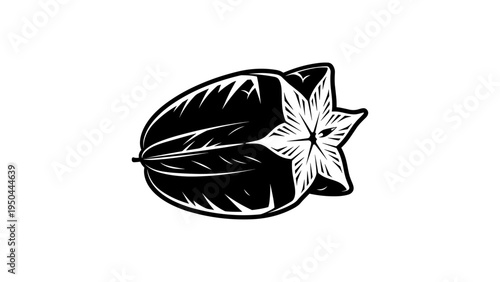 Vintage black and white carambola fruit line art with intricate details