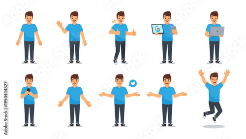 Digital Expressions: A collection of vibrant illustrations showcasing a man in various poses and actions, each portraying a unique digital interaction or emotional state.