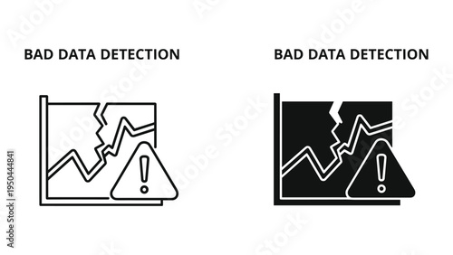 Bad Data Detection Icons with Broken Graph and Warning Sign, Line Art and Silhouette