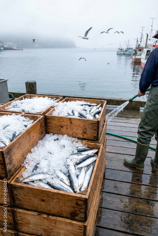 Fototapeta premium A fisherman hoses down fresh catch in wooden crates packed with ice on a pier. The foggy harbor background emphasizes the commercial fishing industry.