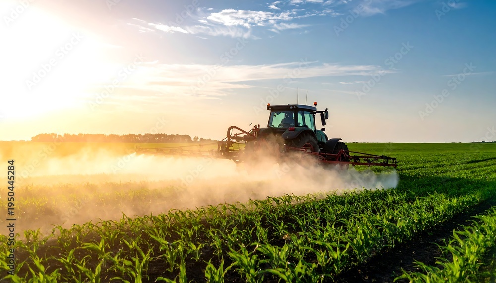 Fototapeta premium A tractor sprays a field of crops under a bright sun and blue sky. A cloud of spray rises above the plants