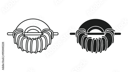 Toroid Inductor Coil Icon Set - Line Art and Solid Black Vector Illustrations