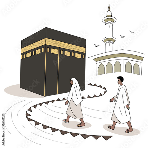 Two muslim pilgrims walking around the kaaba