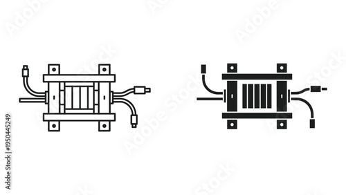 Computer CPU GPU Cooler Fan Heatsink Radiator Metal Component with Cables and Connectors, Line Art and Silhouette Icons