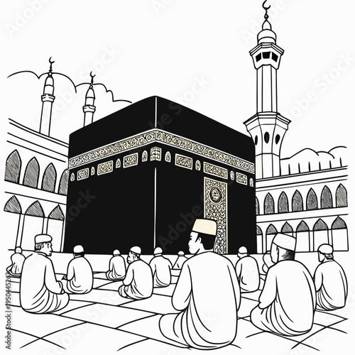 A group of people sitting in front of a large black building