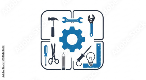 Set of tools and gear icons for diy projects and engineering including hammer wrench pliers screwdriver light bulb and ruler on white background