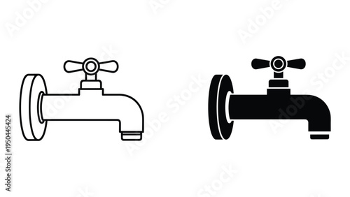 Water Tap Faucet Icon Set: Outline and Solid Black Silhouette, Vector Illustration