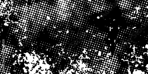 dynamic black and white composition blending organic grunge shapes with a structured geometric dot screen for a modern "zine" aesthetic.