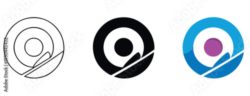 Black white and colored circular logo variations with concentric design diagonal line and inner circle representing branding and identity concepts