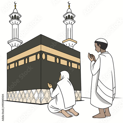 Two muslim men praying near the kaaba
