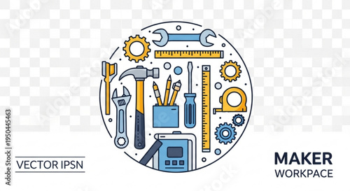 Maker workspace tools and equipment for diy projects and crafting in a circular icon