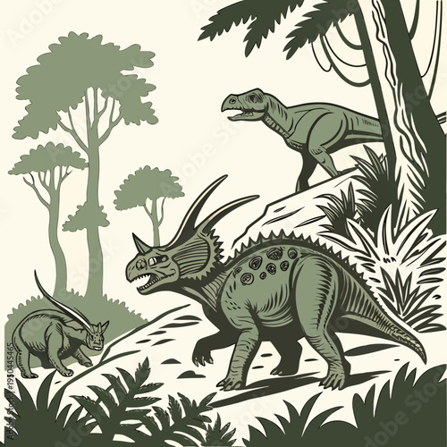 Three dinosaurs roaming in a prehistoric forest