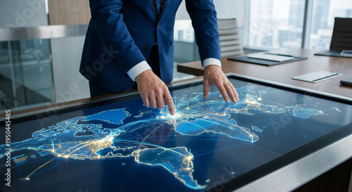 Man in suit interacting with interactive world map projection showing global connections and business routes