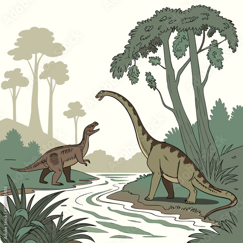 Two sauropod dinosaurs standing by a river