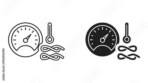 Temperature Gauge Icon and Thermometer with Heat Waves, Line Art and Solid Styles
