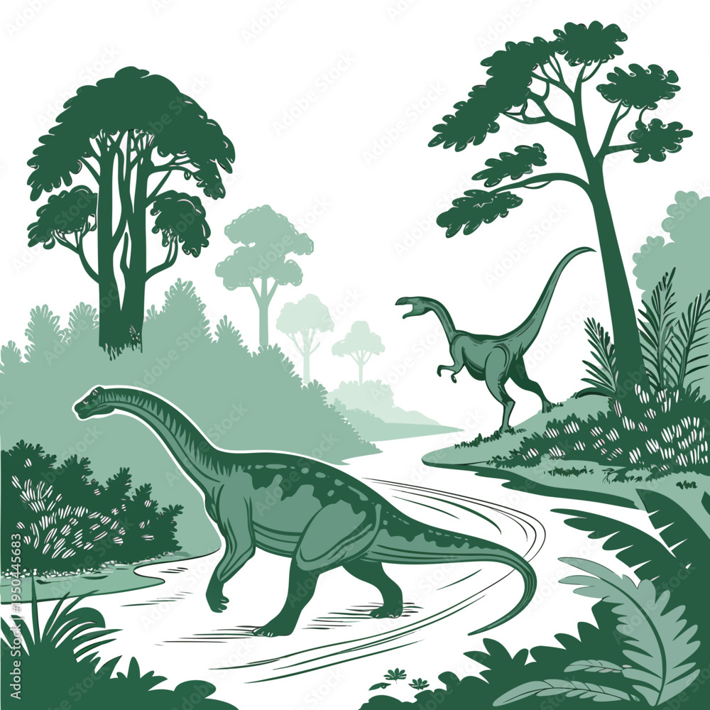 Fototapeta premium Two green dinosaurs walking through a forest