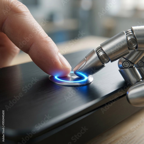Robot finger pressing glowing blue button on futuristic device for activation and interface control