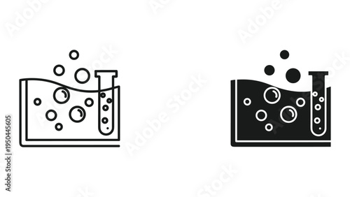 Chemical Reaction Science Experiment Icon, Bubbles in Flask and Test Tube, Outline and Solid