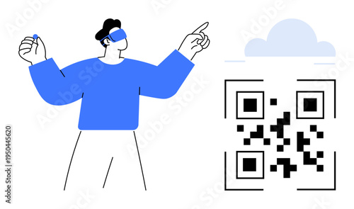 Augmented reality, data access, cloud technology, QR code scanning, digital solutions, online integration. A person in a headset interacting with a QR code. Augmented reality and data access