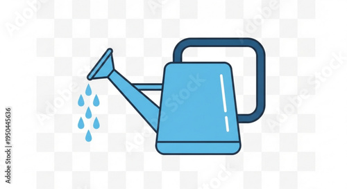 A blue watering can pouring water droplets on a transparent background for gardening and landscaping use