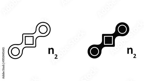 N2 Molecule Icon Set: Line Art and Silhouette, Nitrogen Chemical Formula for Science, Chemistry, and Education