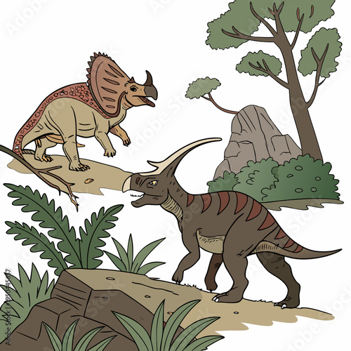 Two dinosaurs standing on a rocky terrain