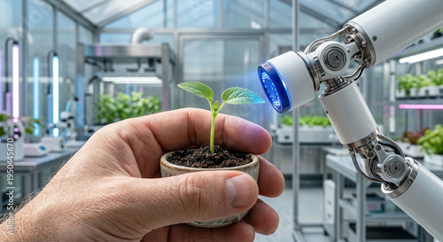 Robotic arm scanner analyzing small green plant held by human hand in high tech laboratory greenhouse research facility