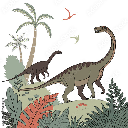 Two dinosaurs walking through a lush prehistoric forest