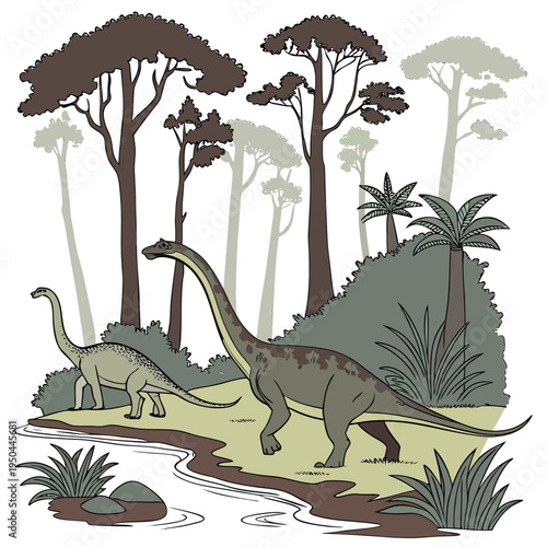 Two sauropod dinosaurs in a prehistoric forest