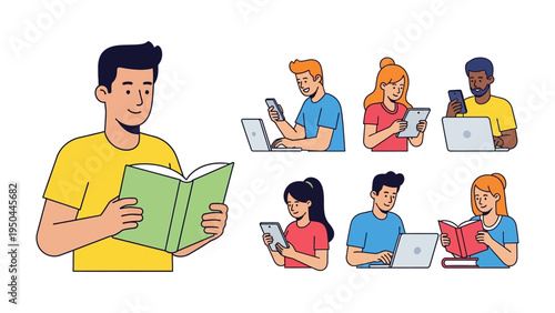 Education and Digital Learning: A comprehensive illustration showcasing individuals immersed in reading books, utilizing laptops, and tablets.