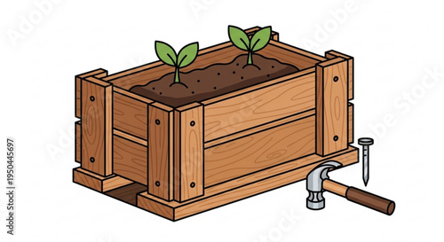 Wooden planter box with faucet and seedlings for gardening and irrigation