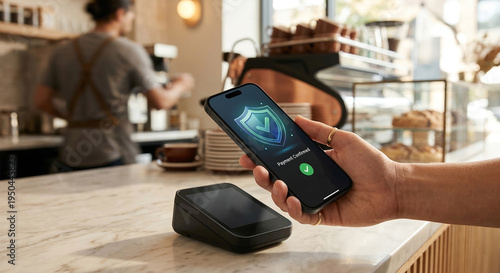 Woman making a contactless payment with her smartphone at a coffee shop counter, showcasing modern transaction security and convenience