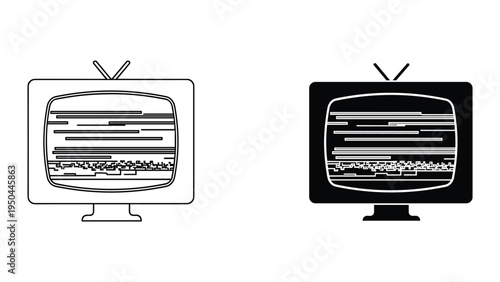 Retro Television Icon with Static Screen, Line Art and Silhouette
