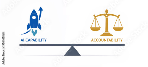 AI capability rocket vs scales of justice accountability infographic balancing innovation and regulation corporate blue and gold minimalist composition for policy briefs and governance discussions