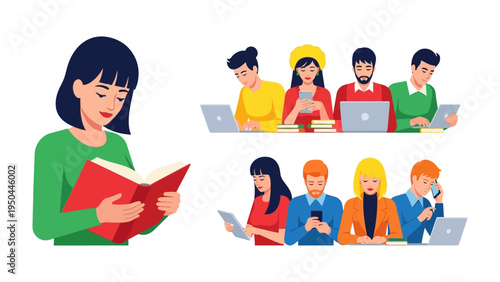 Reading and Gadget Connection: A set of individuals, engrossed in various media and gadgets, presents a modern reflection on contemporary life.