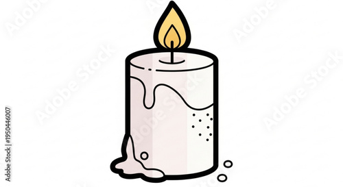 A lit white candle with melting wax and a yellow flame on a plain background symbolizing warmth and ambiance in a simple hand drawn style