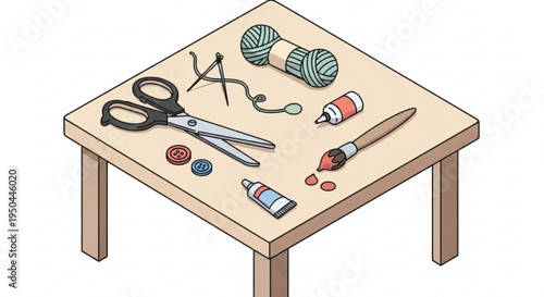 Crafting table with sewing and painting supplies on a wooden surface