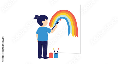 Child painting colorful rainbow art.