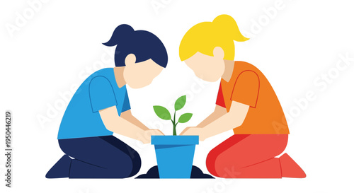 Two people planting a green sapling.