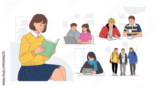 Reading and Studying: A young woman immersed in a book and surrounded by other students engaged in studying and related activities, conveying the essence of education and academic life.