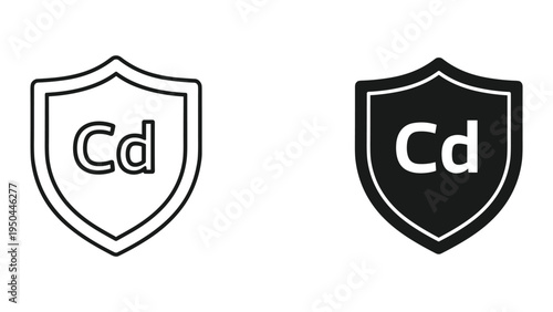 Cadmium Symbol Cd on Shield Icons - Outline and Solid Black, White Background