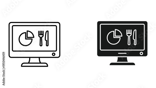 Computer Screen Displaying Pie Chart and Cutlery Icons - Food Analytics and Technology Concept