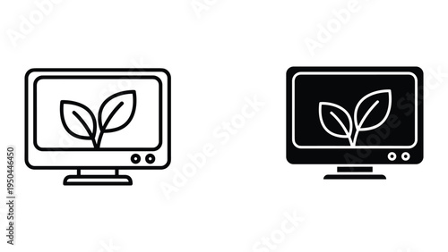 Computer Monitor with Growing Plant Icon Set - Line and Silhouette