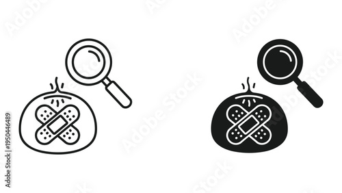 Dermatology Icon: Magnifying Glass Over Skin Lesion with Bandages, Line and Solid Style