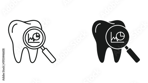 Dental health analysis icon with tooth and magnifying glass over graph, research and data concept