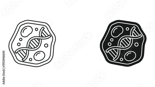 Cell Biology Icon: DNA Helix Inside Abstract Cell Structure, Line Art and Silhouette