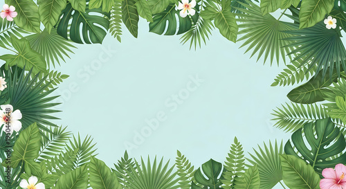 Lush Jungle Tropical Leaf Frame on Blue Background