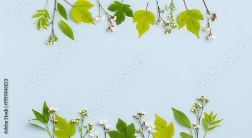 Fresh Spring Leaves Botanical Frame on Soft Blue Background